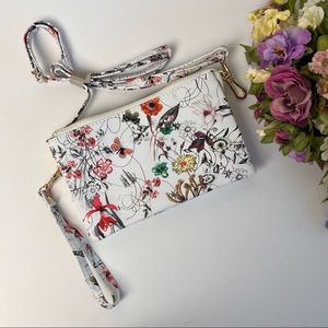 White Floral/Butterfly Print Convertible Crossbody/Clutch Bag